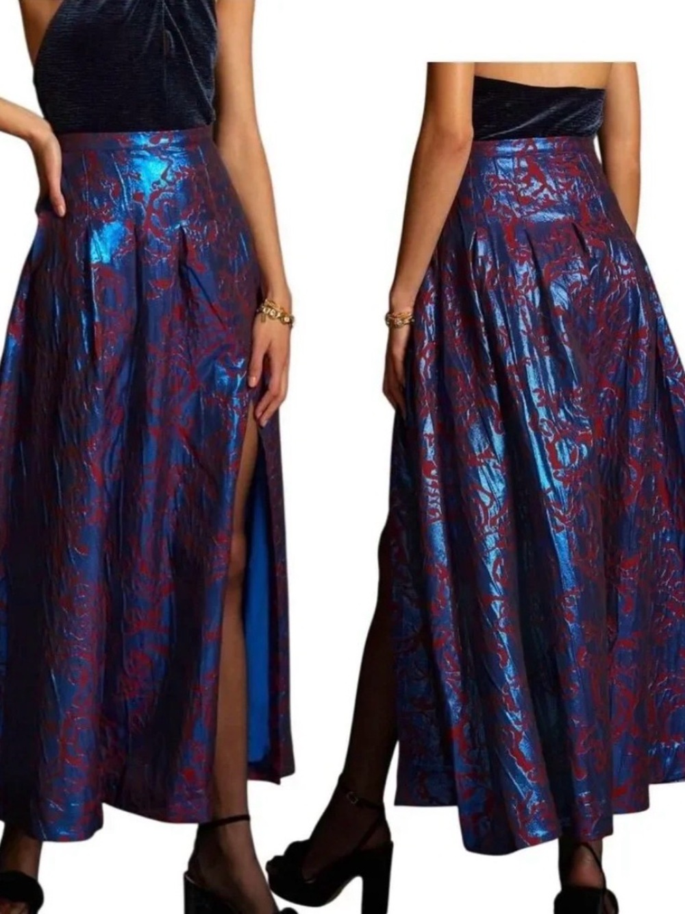 Anthropologie Maeve Pleated Shimmer Metallic Maxi Skirt Blue Red Size 4
